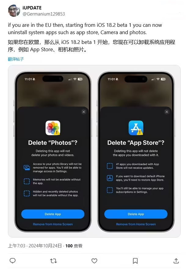 镇雄苹果手机维修分享iOS 18.2 支持删除 App Store 应用商店 